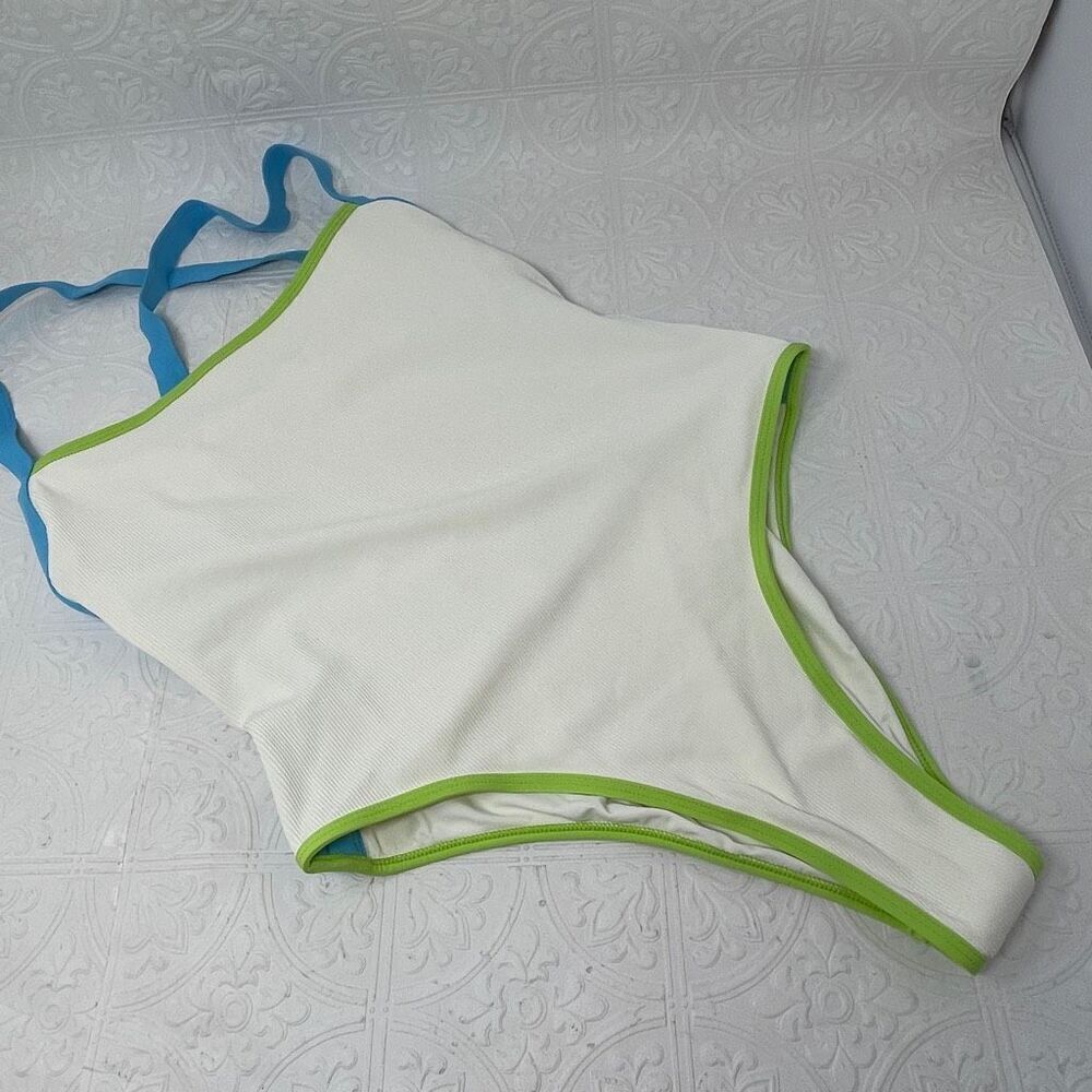 L Space Cream Blue Green Baewatch Colorblock Ribbed One Piece Swimsuit Large NWT